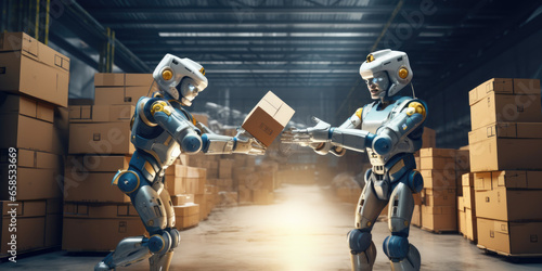 zwei Roboter sind in einem Lagerhaus beschäftigt, sie halten Kisten, two robots are involved in a warehouse, they are holding boxes