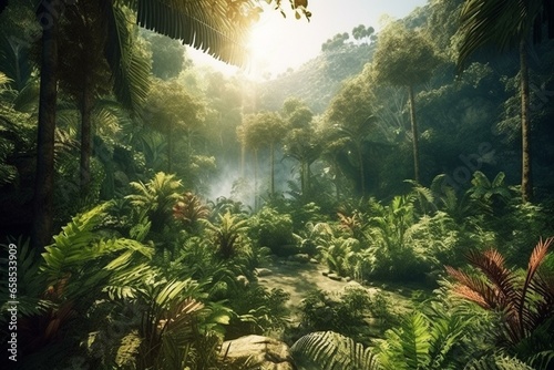 Lush tropical forests around 10,000 BC, with warm and wet climate, supported diverse vegetation and abundant species. Game background. Generative AI