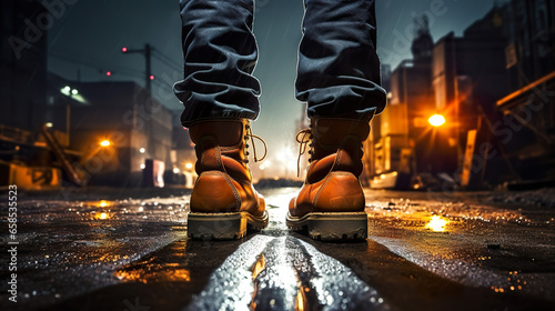 The construction worker's boots stand firmly on the wet ground, with the nighttime construction site in the background bathed in illuminating light