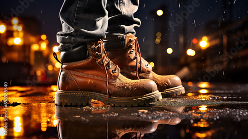 The construction worker's boots stand firmly on the wet ground, with the nighttime construction site in the background bathed in illuminating light