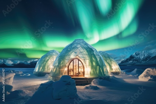 Aurora Borealis illuminating an igloo village - Arctic Wonder - AI Generated