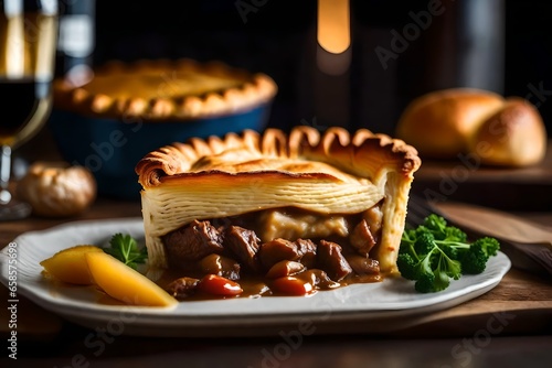 ﻿This picture is a close-up of a Beef and Guinness Pie. The background is blurry, but you can see a pretty forge in it.. AI Generated