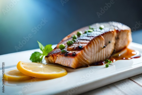﻿Examine carefully a picture of cooked swordfish. In a picture studio, there is a strong light shining behind.. AI Generated