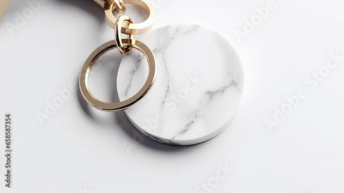 A stylish mockup of a keychain with logo isolated on white background top view.