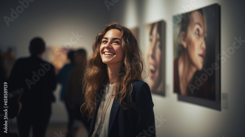 Woman looks at paintings in a gallery during an exhibition
