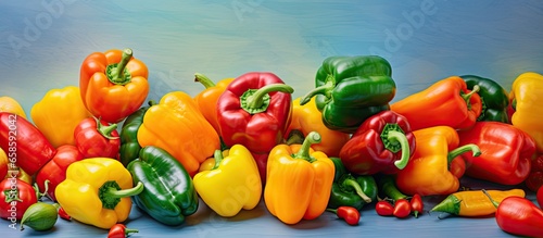 Vibrant capsicum peppers in close focus isolated pastel background Copy space