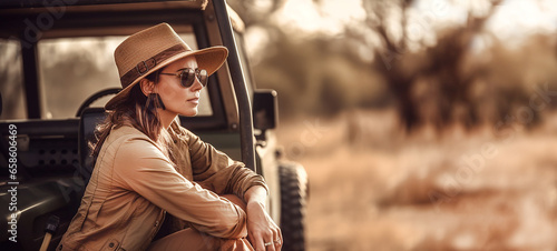 Woman in adventurer outfit on african safari. Sitting next to her off road car, blurred savanna background. Banner
