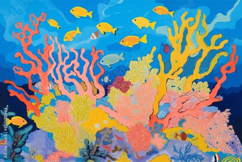 A colorful coral reef painting with fish, corals, blue background, black border, blue sky, clouds, and yellow fish. Generative AI
