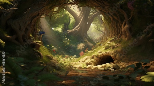 Serene woodland scene with a hidden bird nest in a tree hole