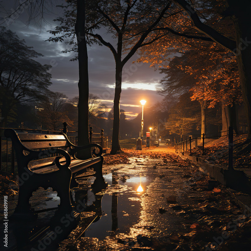 Moonlit Solitude: A Park Bench on a Wet Sidewalk at Night,bench in the park,bench at night