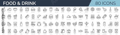 Set of 80 outline icons related to food and drink. Linear icon collection. Editable stroke. Vector illustration