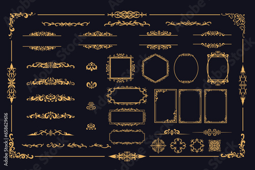 Set of gold vintage Decorative elements, frames, calligraphy, borders, text dividers, flourish ornament, corner, lines. Golden Luxury Elegant ornament for labels and badges vector illustration