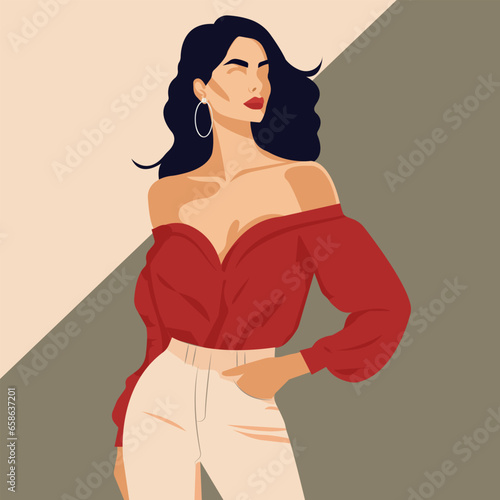 Vector flat fashion illustration, a young dark-haired woman with a beautiful figure posing in a stylish red blouse with bare shoulders and light pink pants. 