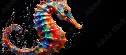 Painted colorful seahorse animal, they show off in beautiful colors. isolated black background. Pattern for t-shirt printing, Generative AI