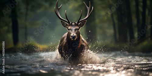 Majestic Deer Run Away Through Glistening Waters generative AI