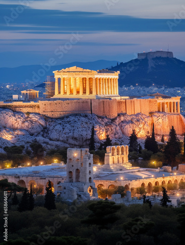 Parthenon, Athens, Greece, twilight, ancient pillars and sculptures, vivid colors in sky behind, dramatic contrast