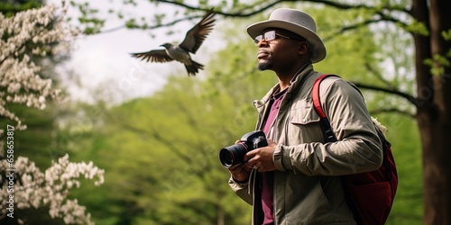 African american birdwatcher documenting rare bird species in an urban park, concept of Biodiversity conservation
