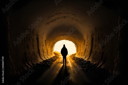 A silhouette of a man inside a tunnel light coming out of the tunnel middle of nowhere late evening time UHD photorealistic 8K 