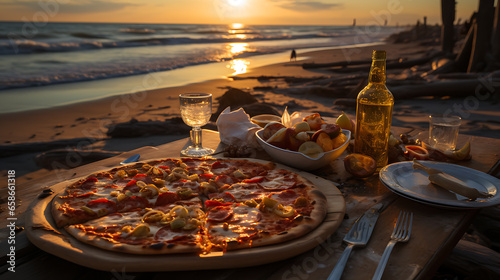 pizza on a table in the beach