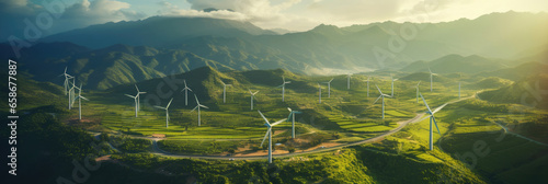 Aerial view of Wind turbines generating green power high in mountains. Generative Ai