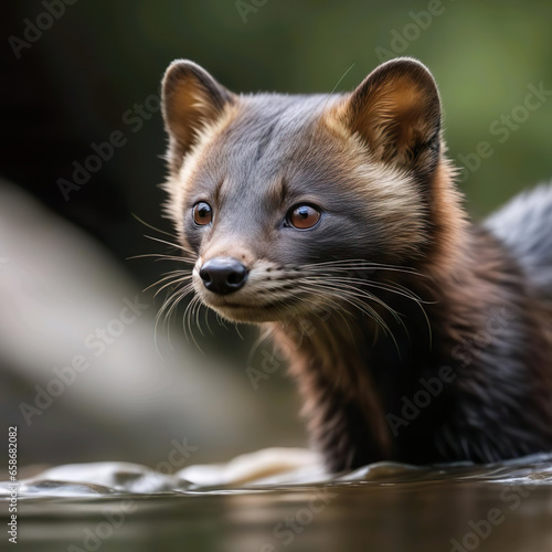 Animal marta bañándose en un rio, retrato 