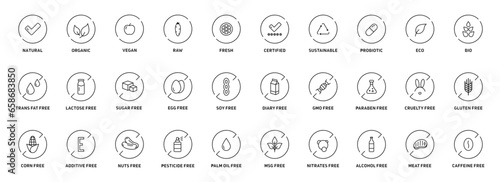 Natural products icons set. Organic. Eco-products. Without GMOs, allergens and other additives. Vector