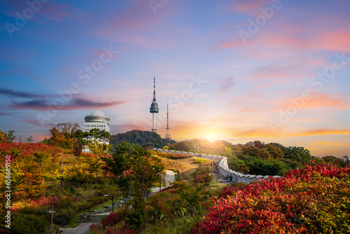 Autumn in Seoul, South Korea, on Namsan Mountain and sunrise sky