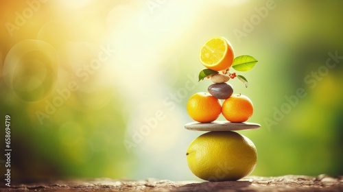 Yoga pyramid created from fruits and stones. Symbolizing zen harmony balance in the diet.