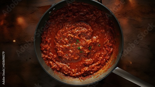 Cooking Italian Bolognese sauce in a saucepan viewed from the top for pasta