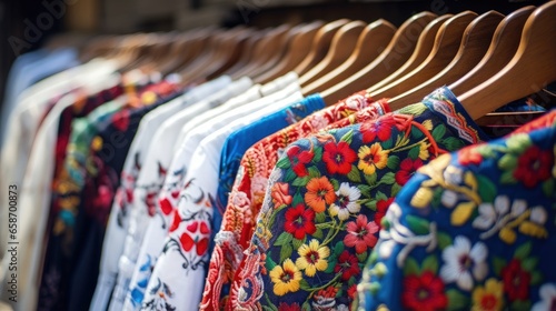 Close up of ethnic textile designs on embroidered traditional shirts of Ukrainian slavic women and men showcased at an outdoor flea market in Lviv Ukraine