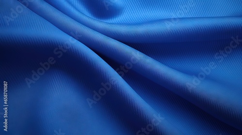 Close up top view of textured fabric of a blue sports jersey