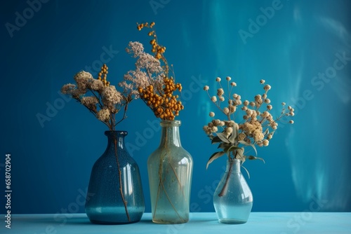 Three vases with dried flowers on blue surface, blue wall in background, and blue vase with dried flowers in foreground. Generative AI
