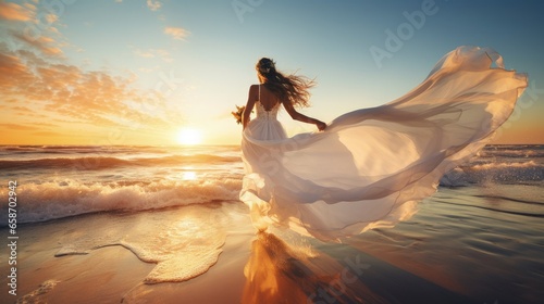 Happy young bride running on clean sandy beach enjoying azure sea waves at sunset for a summer vacation Symbolizes wedding rest relax and honeymoon