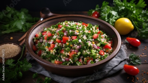 Healthy vegetarian Mediterranean tabbouleh salad made with fresh parsley onions tomatoes bulgur and chickpeas viewed from the top