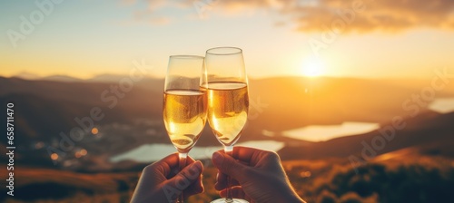 Two glasses of champagne toasting in front of a beautiful sunset