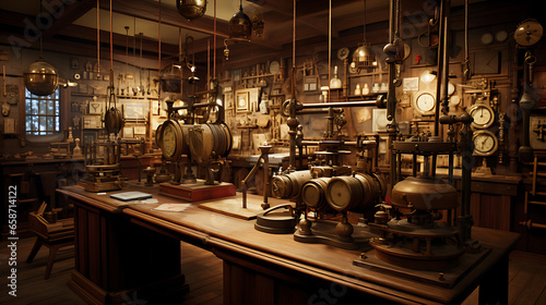 a high-resolution, realistic image depicting a late 19th-century telegraph station. The scene should showcase an intricately designed telegraph machine with brass and wood