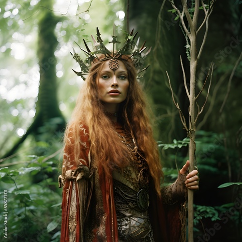 portrait of a magical druid priestess in red robes wearing a crown and carrying a wooden staff in the forest