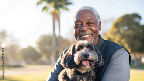 Happy black senior man with small dog in the park. Positive emotions, pet concept.