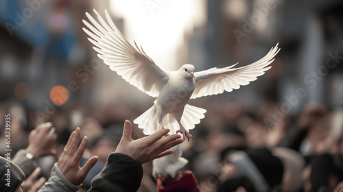 Symbol of Hope, White Dove in the Heart of a Protest