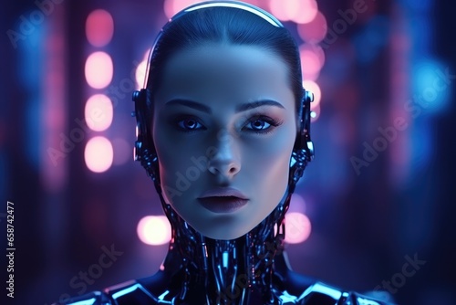 In a futuristic world, a beautiful female cyborg model with metallic features and glowing red and blue accents showcases the perfect blend of technology and glamour
