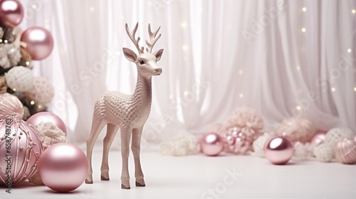 The classic Golden deer near the fireplace, pink glass balls and toys, wooden decorations, a wool blanket, and a floor lamp are the elements of the Scandinavian Christmas or New Year's background.