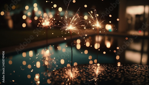 Happy New Year, Glittering burning sparkler with swimming pool bokeh light background, new year count down, Birthday party and celebration.