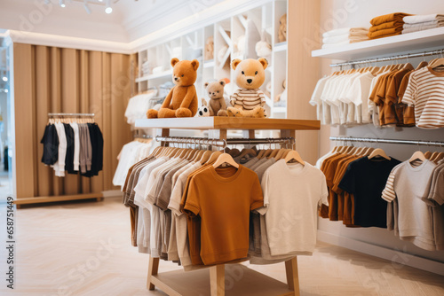 A modern boutique clothing store with a variety of stylish fashion items, including clothing for babies and children, displayed on colorful racks and shelves.