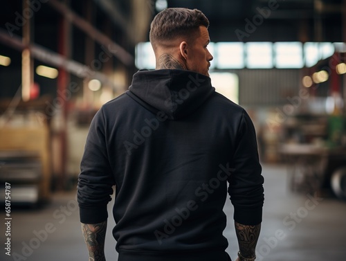 A young man dressed in a blank black hoodie against the background of the city street. Back view, mockup for your texts or designs