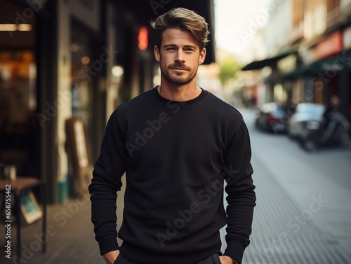 Urban portrait of a handsome hipster with a simple empty black jacket or sweatshirt on a city street, with space for your logo or design. Mock up for printing