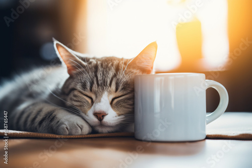 cat sleeping next to a coffee cup