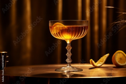 An Elegant Sidecar Cocktail Served on a Vintage Bar Counter, Garnished with a Lemon Twist, Illuminated by Warm Ambient Lighting