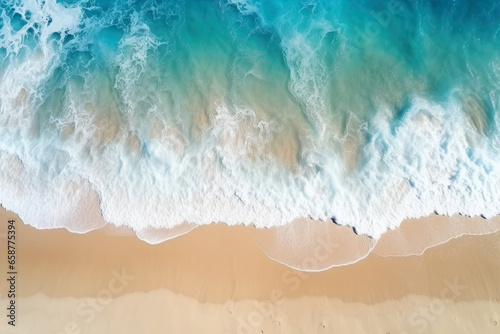 Aerial top view Landscape of coast Sea background, Beach with clear ocean wave turquoise and bubble, Summer time of vacation, Beautiful scene of beach for relaxation.