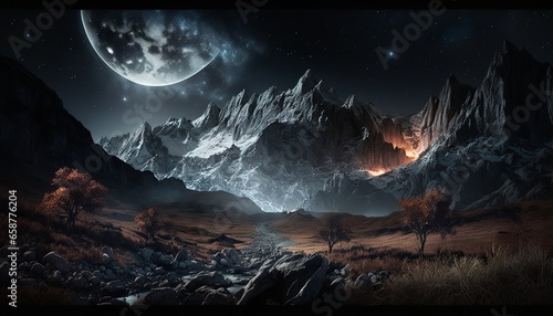 fantasy moon and mountain landscape at stary night design illustration