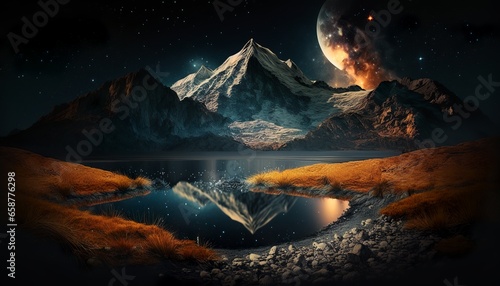 mountain landscape at stary night river and lake design illustration moon